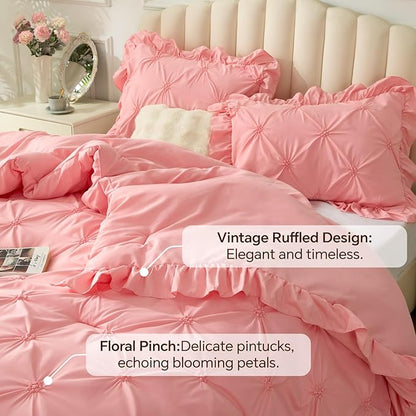 BEDELITE Pink Twin Comforter Set - 2 Peices Boho Ruffle Pintuck Bedding Comforter Sets, Lightweight Soft & Warm Twin Bedding Sets with 1 Pillowcase for All Season