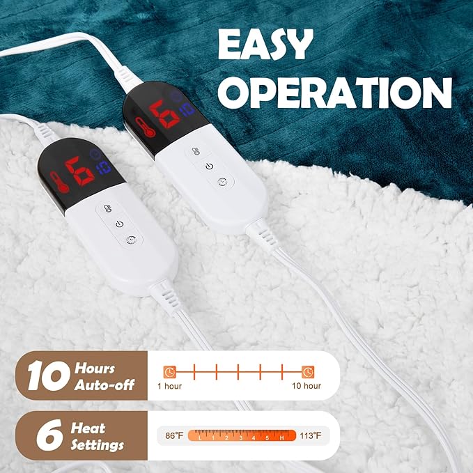 HOW'S MY HOUSE Heated Blanket 84" x 90", Dual Control Electric Blanket Queen Size with 10 Time Settings & 6 Heating Levels, Over-Heat Protection, Flannel Sherpa Super Cozy with ETL Certification, Blue