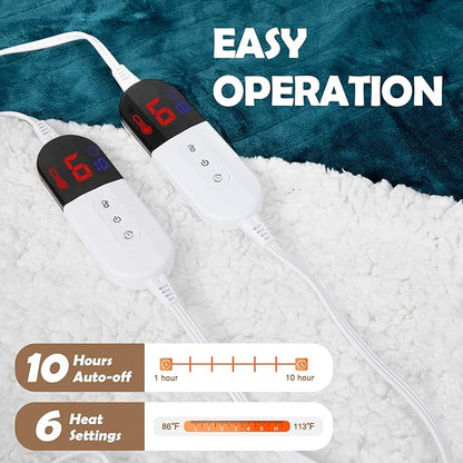 HOW'S MY HOUSE Heated Blanket 90" x 100", Dual Control Electric Blanket King Size with 10 Time Settings & 6 Heating Levels, Over-Heat Protection, Flannel Sherpa Super Cozy with ETL Certification, Blue