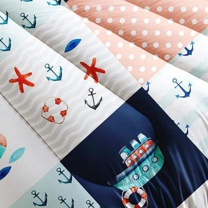 HOSIMA Nautical Bedding Set,Plaid Patchwork Pattern Hand Painted Seaplane,Boat and Anchor Comforter for Boys Kids Girls Bedroom Decor,Sea Adventure Theme Comforter Full Size with 2 Pillowcases.