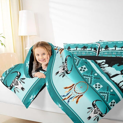 Erosebridal Twin Size Western Comforter Set Longhorn Skull Dream Catcher Boho Bedding Set for Kids Boys Teens Adult Bedroom, Cowboy Horse Western Quilt Southwestern Geometric Duvet Insert, Teal