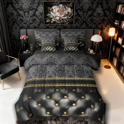 Black Damask 7 Piece Comforter Set Full Bed in a Bag | Luxury Grey Golden Texture Pattern Bohemian Bedding Sets Antique Decor Gothic Vintage Floral Comforter and Sheet Set, Goth Victorian Bed Sets