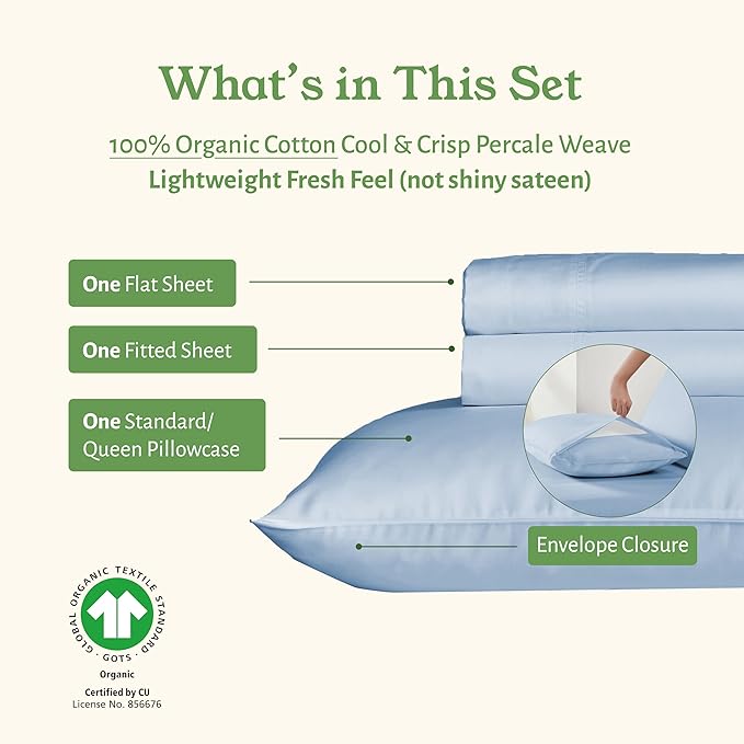 California Design Den Twin Sheets Set - Soft 100% Organic Cotton Sheets, Crisp and Cool Percale, Deep Pockets with Anti-Skid Elastic, Breathable and Durable Bedding Set - Light Blue