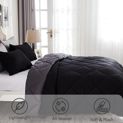 Twin Comforter Set Black - 3 Pieces Luxury Soft and Lightweight Down Alternative Bedding Set Fluffy Blanket Quilt for All Season 1 Comforter(68"×86") & 1 Pillow Sham(20"×26")