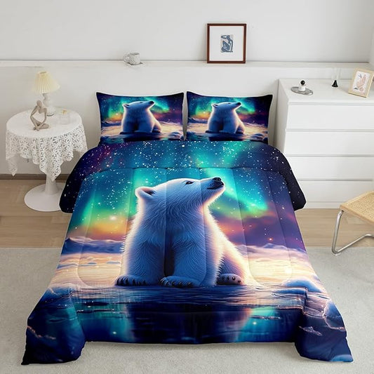 Manfei Kawaii Polar Bear Comforter Queen for Kids Adults Youth,Aurora Neon Colorful Galaxy Sky Quilt Comforter Room DecorCartoon Little Bear Wildlife Quilted Duvet Duvet Insert,2 Pillowcases