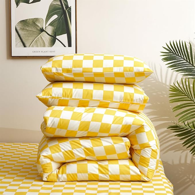 Houseri Yellow White Plaid Comforter Sets Twin Size Girls Boys Kids Light Yellow Checkerboard Dorm Bed Comforters Twin Bright Yellow Buffalo Checkered Grid Bed Quilt Soft Comfy Comforter Set Twin