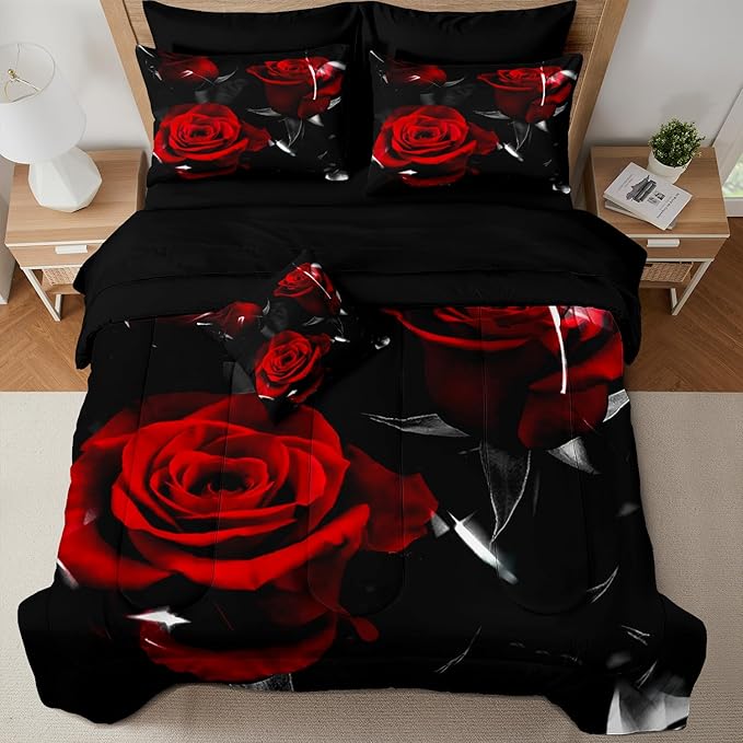 MUGINYU Western Farmhouse Comforter Set Queen, 8 Pieces Bed in a Bag Blue Teal Orange Bull Skull Print Highland Cow Ethnic Tribal Arrow Southwestern Bedding Set (Rose Black, Queen)