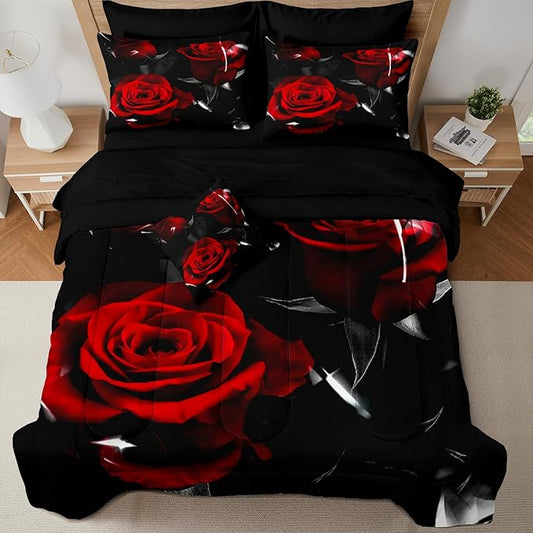 MUGINYU Western Farmhouse Comforter Set Queen, 8 Pieces Bed in a Bag Blue Teal Orange Bull Skull Print Highland Cow Ethnic Tribal Arrow Southwestern Bedding Set (Rose Black, Queen)