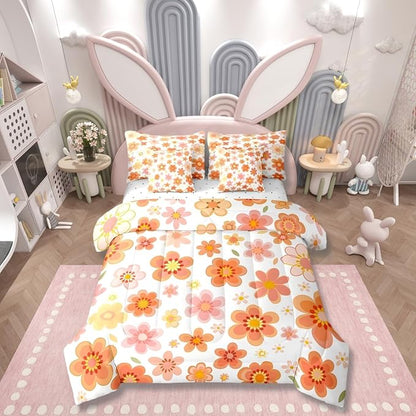 Erosebridal 70S Retro Flowers Bed in A Bag Full | Bohemia Cartoon Funky 7 Piece Comforter Set Vintage Autumn Floral Sheet Set Reversible Pastoral Style Fitted Sheet Breathable Lightweight