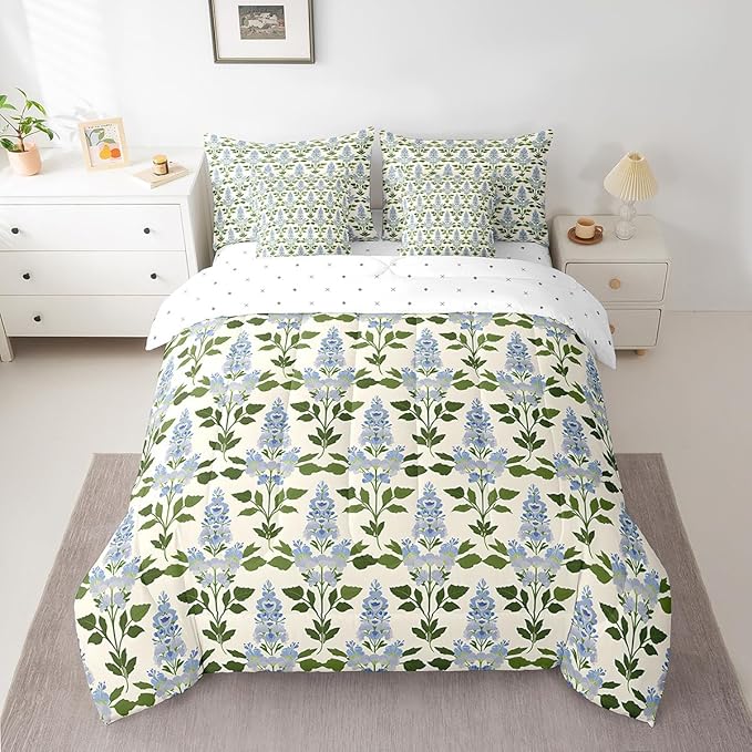 Feelyou Girls Flower Comforter Set with Sheets King Size 7 Pieces Kids Romantic Florals Pattern Bedding Set for Boys Women Teens Botanical Nature Garden Theme Bed in a Bag Room Decor