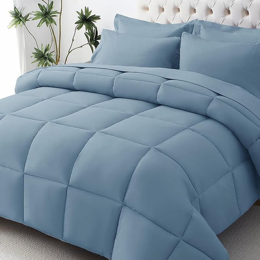 JOLLYVOGUE King Comforter Set, Ultra-Soft Bed in a Bag King Size 7 Pieces, Oeko-TEX Certified Bedding Set with Down Alternative Comforter, Sheets, Pillowcases & Shams, Dusty Blue