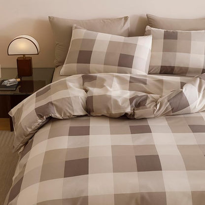 CLOTHKNOW Khaki Grey Gingham Plaid Queen Comforter Set Buffalo Check Bedding Comforter Sets Geometric Comforter Queen with 2 x Pillow Cases