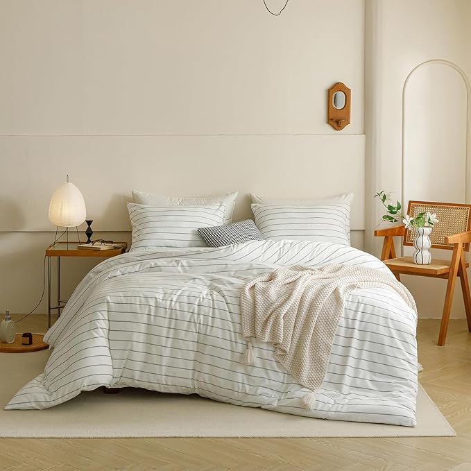 CLOTHKNOW Striped Comforter Set Twin/Twin XL White Black Bedding Comforter Sets Black Stripes Comforter White Farmhouse Bedding Sets