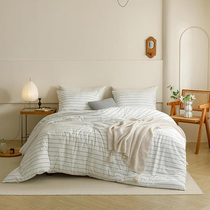 CLOTHKNOW Striped Comforter Set Twin/Twin XL White Black Bedding Comforter Sets Black Stripes Comforter White Farmhouse Bedding Sets