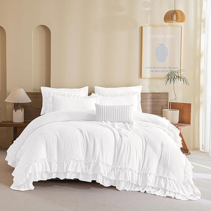 Masaca Ruffle Twin Comforter,Shabby Boho Chic Netural White Ruffled Comforter Set 3 Pieces Farmhouse Rustic French Country Kids Twin Bedding Sets Ultra Soft