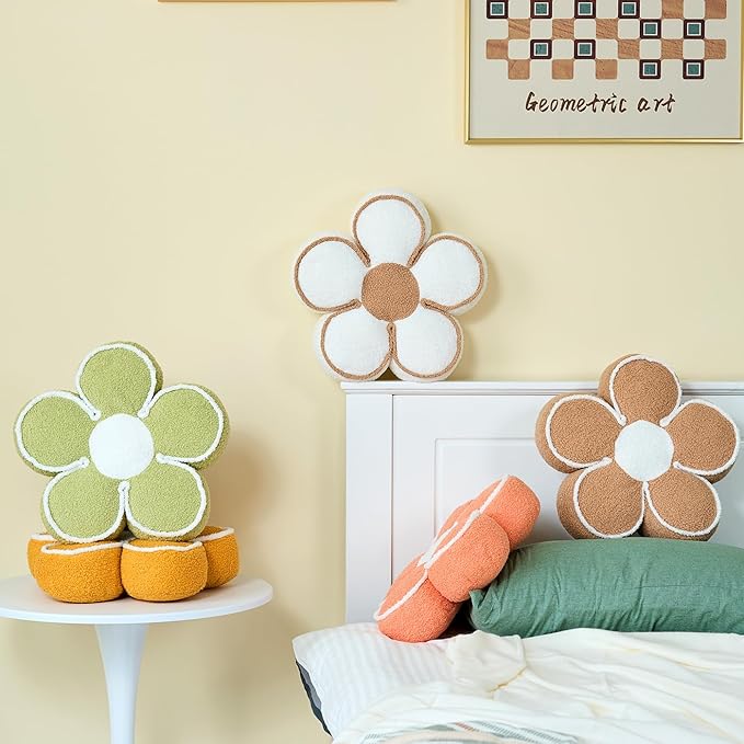 Sioloc Flower Shaped Pillow Daisy Pillows Floor Cushion Pastel Cute Seat Cushions Aesthetic Classroom Dorm Decorative Fun Throw Pillow for Bed,Couch(Light Brown,19.7")