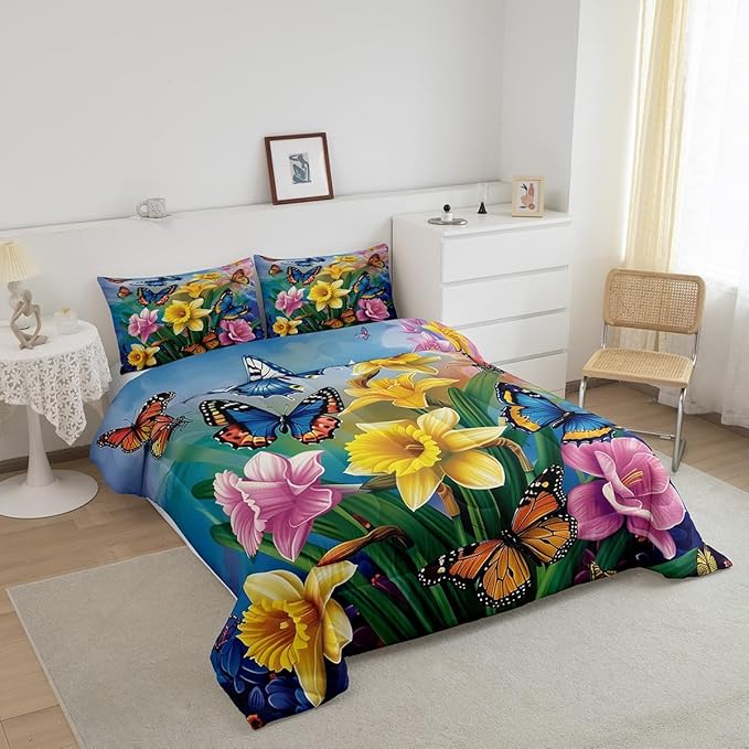 Erosebridal Garden Daffodil Comforter Set Country Farmhouse Bedding Set Full Colorful Butterfly Floral Bedding Comforter Sets for Kids Girls Adult Spring Blossom Flower Bed Set Rustic Cabin Decor