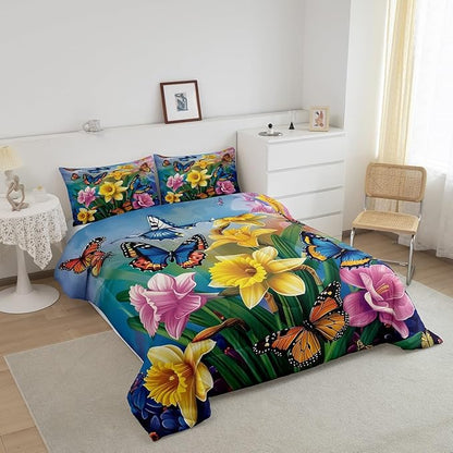Erosebridal Garden Daffodil Comforter Set Country Farmhouse Bedding Set Full Colorful Butterfly Floral Bedding Comforter Sets for Kids Girls Adult Spring Blossom Flower Bed Set Rustic Cabin Decor