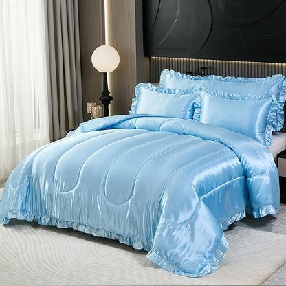 Satin Queen Comforter Silk Like Baby Blue Bedding 4 Pcs Hotel Soft Polyester Bed Set Luxury Silky Body Pillow Cover Ruffle Home Decor