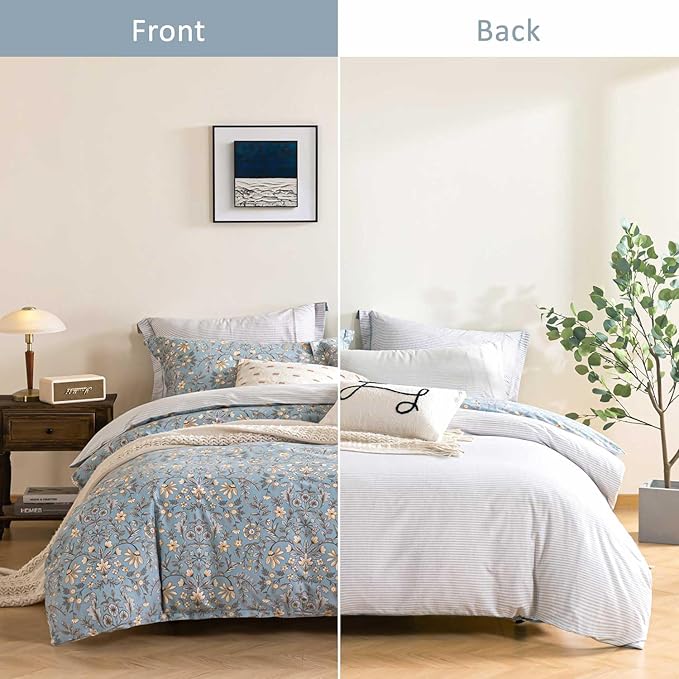 Smoky Blue Botanical Cotton Comforter Queen Size - 3PC Lightweight Bedding Sets with Soft Fill, Luxurious Vintage-Inspired Floral Patterns, Light Gray Striped Reversible Design