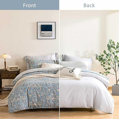 Smoky Blue Botanical Cotton Comforter Queen Size - 3PC Lightweight Bedding Sets with Soft Fill, Luxurious Vintage-Inspired Floral Patterns, Light Gray Striped Reversible Design