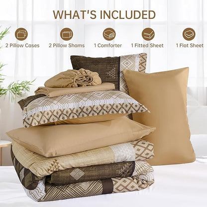 Xruibed Brown King Comforter Set 7 Pieces, Boho Striped Bed in a Bag King Size Soft Microfiber All Season Bedding Set with Comforter, Sheets, Pillowcases & Shams(104"×90")