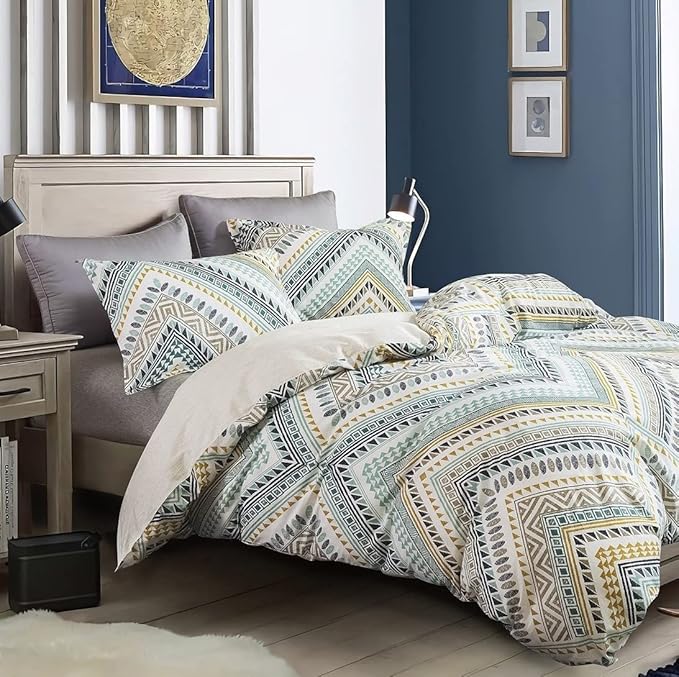 SLEEPBELLA Comforter Twin Size, 600 Thread Count Cotton Yellow & Dark Blue Bohemian Pattern Printed on White Reversible Comforter Sets,Down Alternative Bedding Set 2Pcs (Twin, Teal Geometric)