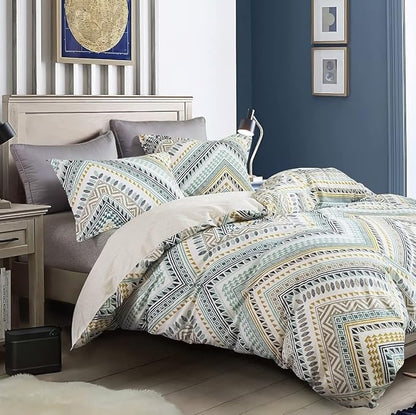 SLEEPBELLA Comforter Twin Size, 600 Thread Count Cotton Yellow & Dark Blue Bohemian Pattern Printed on White Reversible Comforter Sets,Down Alternative Bedding Set 2Pcs (Twin, Teal Geometric)