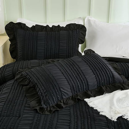 WONGS BEDDING Black Comforter Set King,3 Pieces Ruffle Farmhouse Shabby Chic Boho Comforter for King Bed,Soft Textured Bedding Set with 1 Ruffle Comforter,2 Tufted Pillowcases 104"×90"