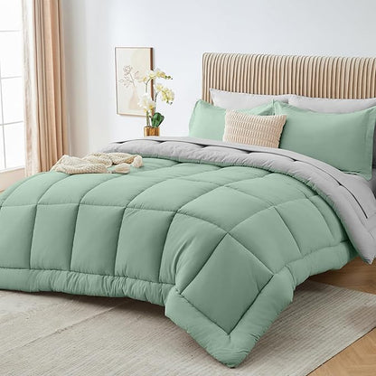 Sasttie Twin Comforter Set, 5 Pieces Reversible Bed in a Bag Twin, Complete Bedding Set Includes Comforter, Flat Sheet, Fitted Sheet, Pillowcase and Pillow Sham, Sage & Light Grey