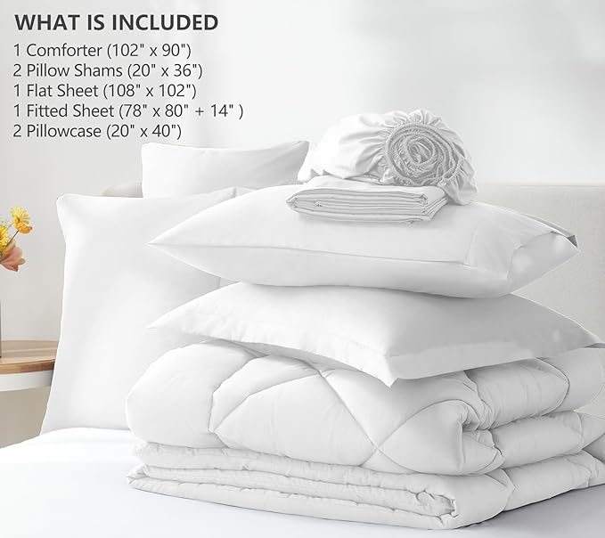 CozyLux King Size Comforter Set White - 7 Pieces Bed in a Bag King, Luxury Soft Bed Set for All Seasons, Bedding Set with Down Alternative Comforter, Sheets, Pillowcases & Shams