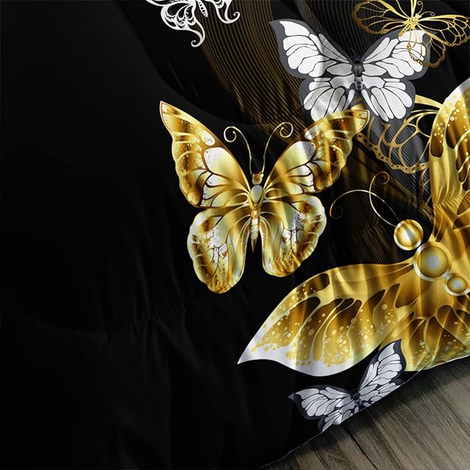 Butterfly Comforter Set for Adults Black and Gold Butterfly Bedding Set Aesthetics Butterflies Quilt Duvet Set Twin Size with 1 Comforter and 2 Pillowcases