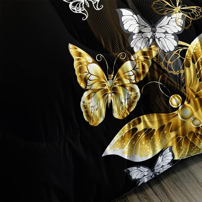 Butterfly Comforter Set for Adults Black and Gold Butterfly Bedding Set Aesthetics Butterflies Quilt Duvet Set Twin Size with 1 Comforter and 2 Pillowcases