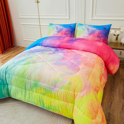 Rainbow Marble Comforter Sets,Texture in Rainbow Colors. Acrylic Painting with Bright Pink, Blue, Green and Yellow Colors.Decorative Bedding Comforter Sets with 2 Pillow Shams, Twin Size