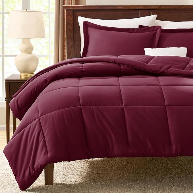 CozyLux Full Size Comforter Sets - Burgundy Comforter Full Size, 3 Pieces Box Stitched Bed Set for All Seasons, Soft Lightweight Bedding Sets with 1 Down Alternative Comforter and 2 Pillow Shams