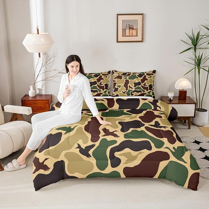 Erosebridal Camouflage Military Comforter Set Toddler Size Duck Hunting Bedding Set for Adults Teens Farmhouse Woodland Comforter Camo Huner Quilt Bedroom Decor
