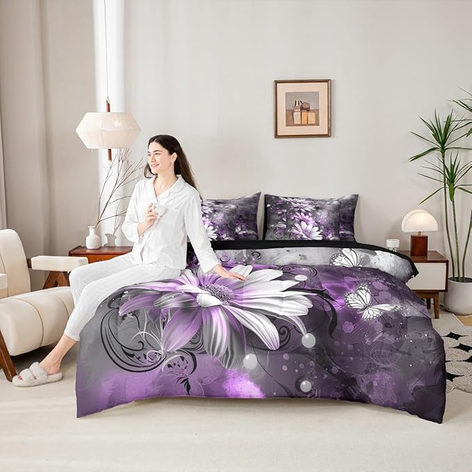 Feelyou Girls Vintage Flower Comforter Set with Sheets Twin Size 7 Pieces Kids Purple Daisy Florals Pattern Bedding Set for Boys Women Teens Butterfly Botanical Nature Garden Theme Bed in a Bag