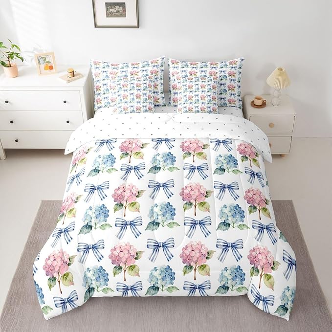 Erosebridal Blue Bowknot Pink Flowers Girly King 7-Piece Comforter Set | Kawaii Cute Bow Sheets and Pillowcases Floral Garden Ribbon Bed in A Bag Kids Teens Women Bed Sets