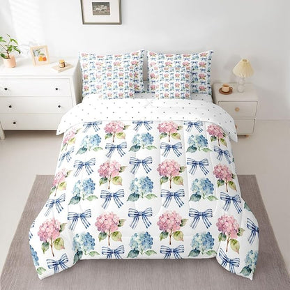 Erosebridal Blue Bowknot Pink Flowers Girly King 7-Piece Comforter Set | Kawaii Cute Bow Sheets and Pillowcases Floral Garden Ribbon Bed in A Bag Kids Teens Women Bed Sets