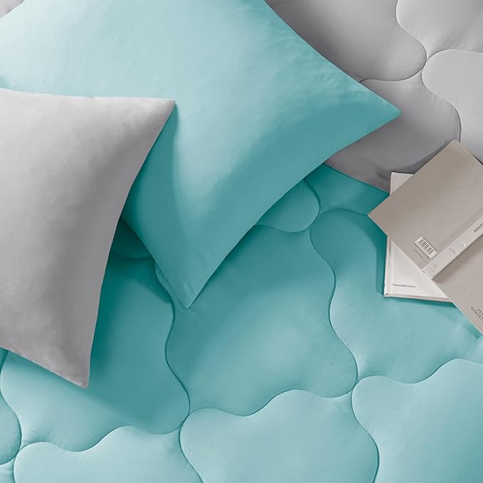 Comfort Spaces Vixie Reversible Comforter Set - Trendy Casual Geometric Quilted Cover, All Season Down Alternative Cozy Bedding, Matching Sham, Aqua/Gray, Twin/Twin XL 2 piece