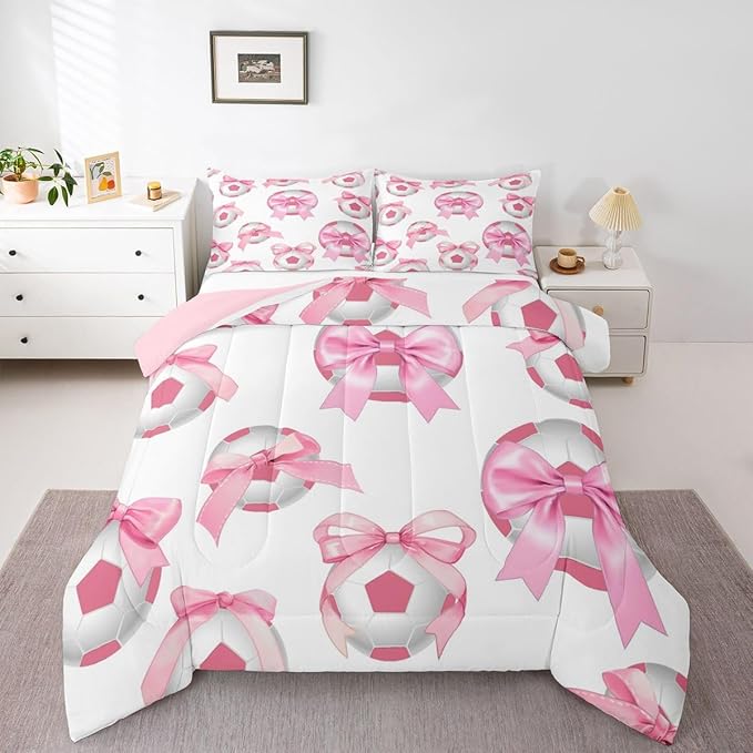 Bowknot Soccer Bedding Sets King Size,Pink Bow Knot Print Comforter Set 3Pcs for Kids Girls Women Room Decor,Ball Sport Games Theme Quilted Duvet Cute Cartoon Girly Down Comforter,2 Pillowcases
