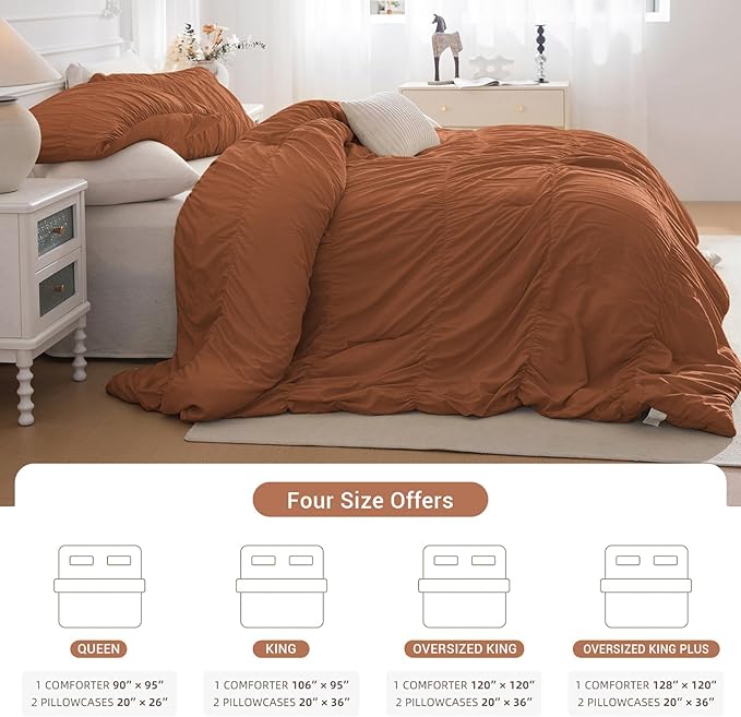 Lady Ann Oversized King 128x120 Comforter Set - Pumpkin Ruched Bedding, 3-Piece Fluffy Ruffle Bedding Comforter Set for Women, Ultra Soft and Luxurious All-Season Boho Bedding Set for Bedroom.