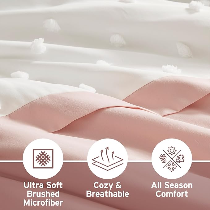 Intelligent Design Queen Duvet Cover Set - Clipped Jacquard Pompom Boho Bedding for Girls & Boys, Microfiber, Shay, Full/Queen, Pink, 3 Piece