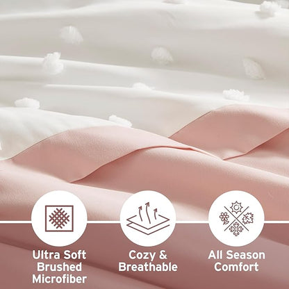 Intelligent Design Queen Duvet Cover Set - Clipped Jacquard Pompom Boho Bedding for Girls & Boys, Microfiber, Shay, Full/Queen, Pink, 3 Piece