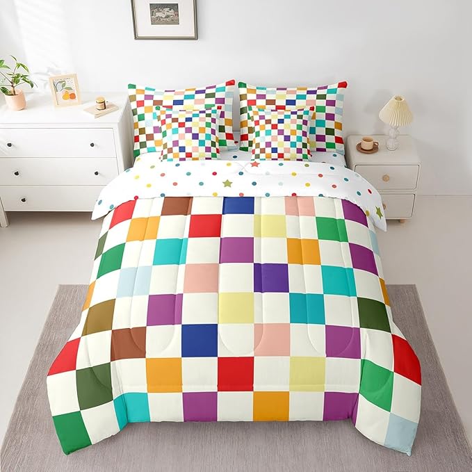 Feelyou Colorful Checkered Retro 7 Piece Bedding Set Kids Boys Girls Modern Geometric Cute Comforter Set with Sheets Twin Size Beige Colorful Bed in a Bag Vintage Simple Groovy Aesthetic Room Decor