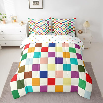 Feelyou Colorful Checkered Retro 7 Piece Bedding Set Kids Boys Girls Modern Geometric Cute Comforter Set with Sheets Full Size Beige Colorful Bed in a Bag Vintage Simple Groovy Aesthetic Room Decor