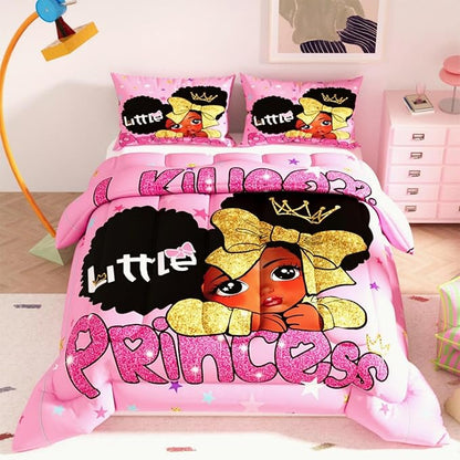 Black Girl Comforter Set, Pink Color Sparkling Stars 3D Pattern for Kids Teens Adults,Decorative Bedding Comforter Sets with 2 Pillow Shams, Queen Size