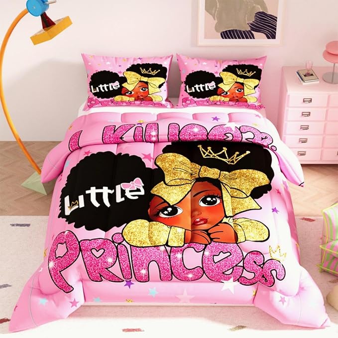 Black Girl Comforter Set, Pink Color Sparkling Stars 3D Pattern for Kids Teens Adults,Decorative Bedding Comforter Sets with 2 Pillow Shams, Twin Size