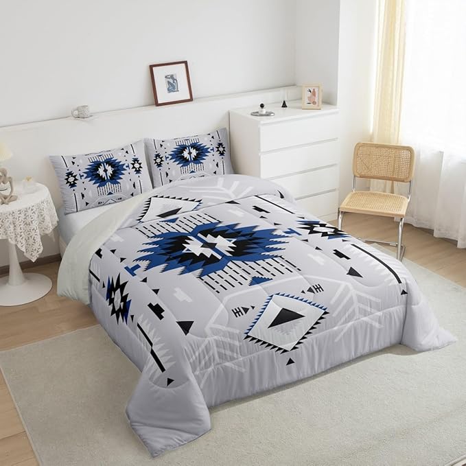 Southwest Comforter Set Grey Bedding Set Queen Size Adults Rustic Geometric Arrow Abstract Quilt Set 3pcs for Kids Girls Boys Men Room Decor Indian Tribal Themed Duvet Insert,2 Pillowcases