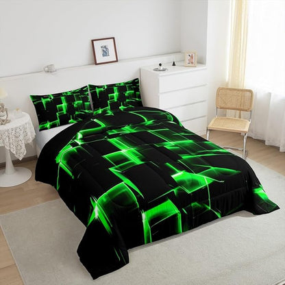 Erosebridal Honeycomb Bedding Set Queen Size, 3D Modern Abstract Square Grid Comforter for Kids Girls Boys Green Neon Light Geometric Print Bed Set Bedroom Decor, 3 Pieces